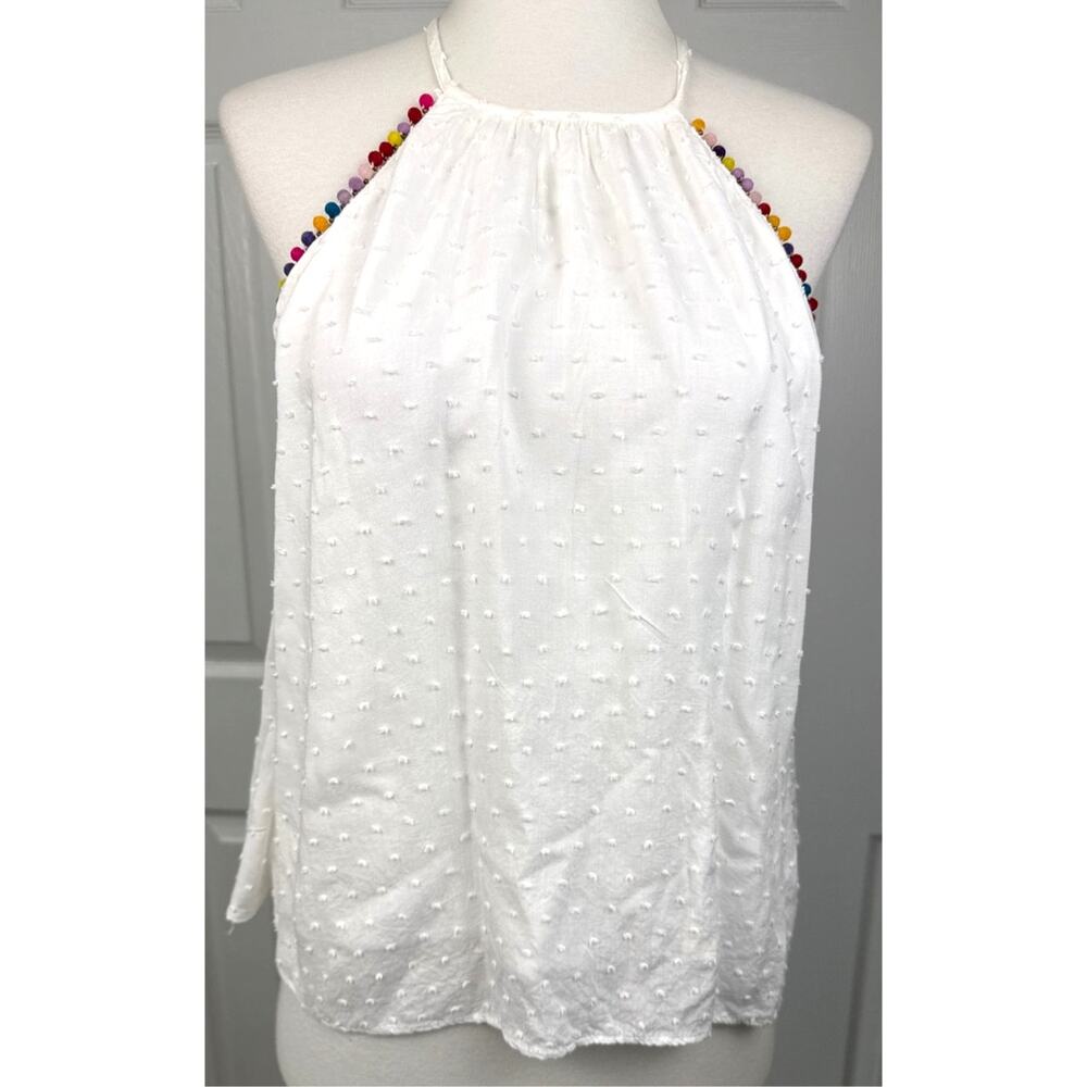 Honey Belle Pom Pom Halter Top White Swiss Dot Blouse Small
